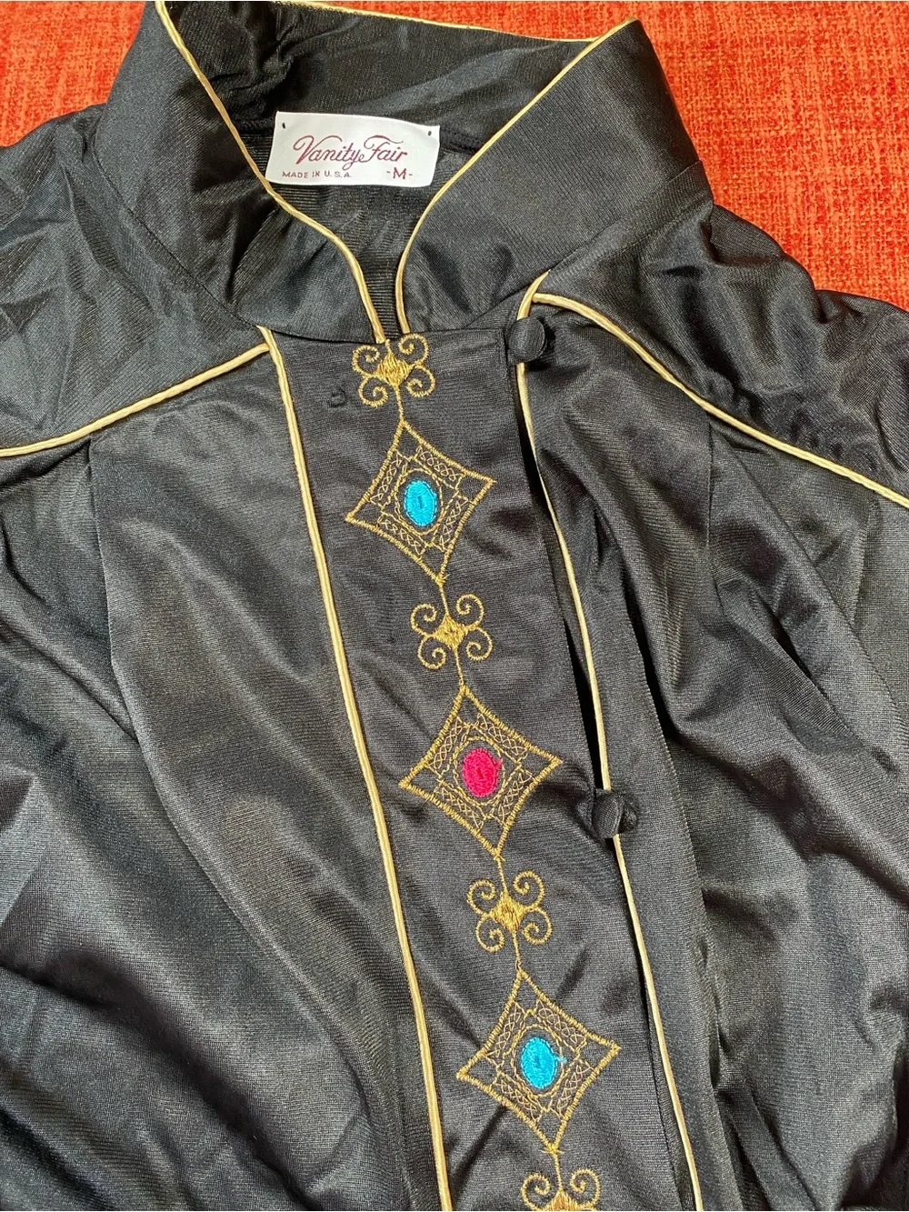 VTG 60’s Asian Mandarin Collar Black Nylon Pajama Set Top Bottom Pants